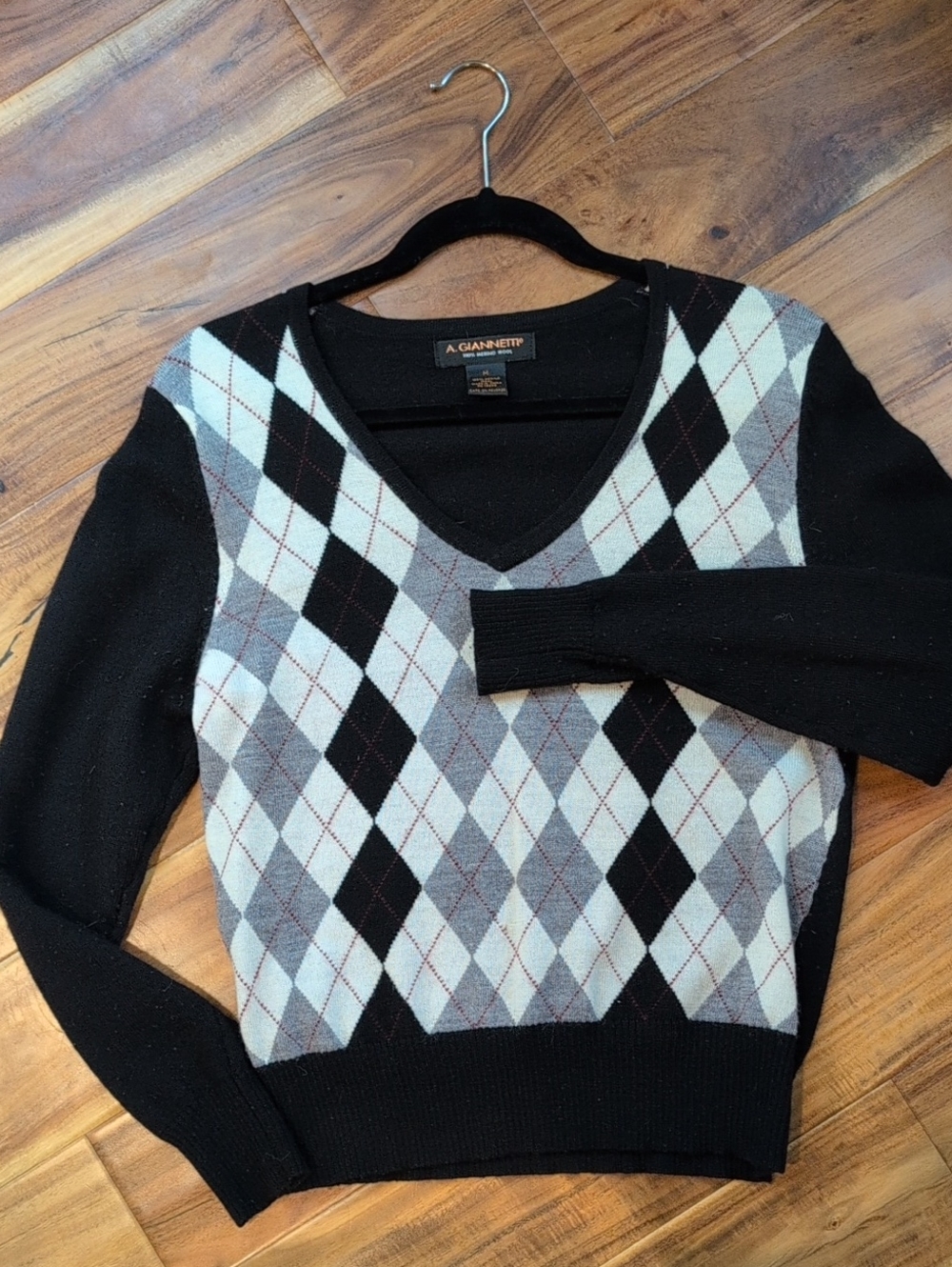 A. Giannetti Black and Gray Argyle V-Neck Merino Wool Sweater